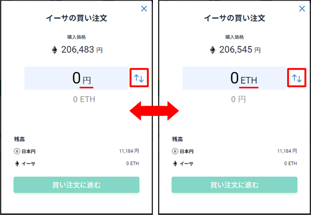 bitFlyer（ビットフライヤー）でイーサリアムを購入する時は、日本円とイーサリアムの指定を切り替えられる