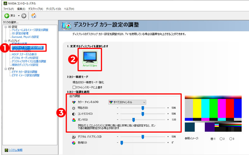 NVIDIAのコントロールパネルで色設定ができる