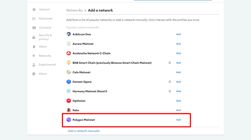 ネットワーク一覧からPolygonを選択：MetamaskにPolygonネットワークを表示させる方法