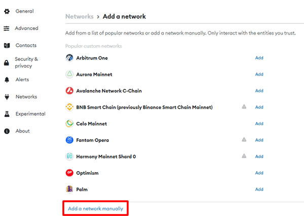 Metamaskに手動でネットワークを追加するには「add a network manually」をクリックする