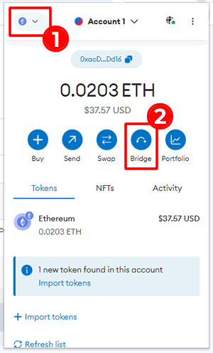 Ethereumチェーンを選択してBridgeを選択：MetamaskでETHをPolygonETHに変換する方法