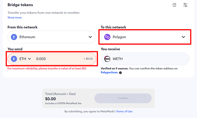 変換先のチェーンにPolygonを選択しトークンはWETHを指定する：MetamaskでETHをPolygonETHに変換する方法