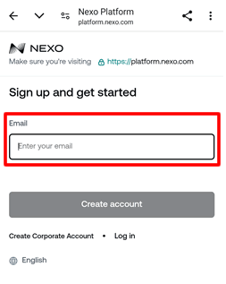 Nexoアカウント登録：メールアドレス入力
